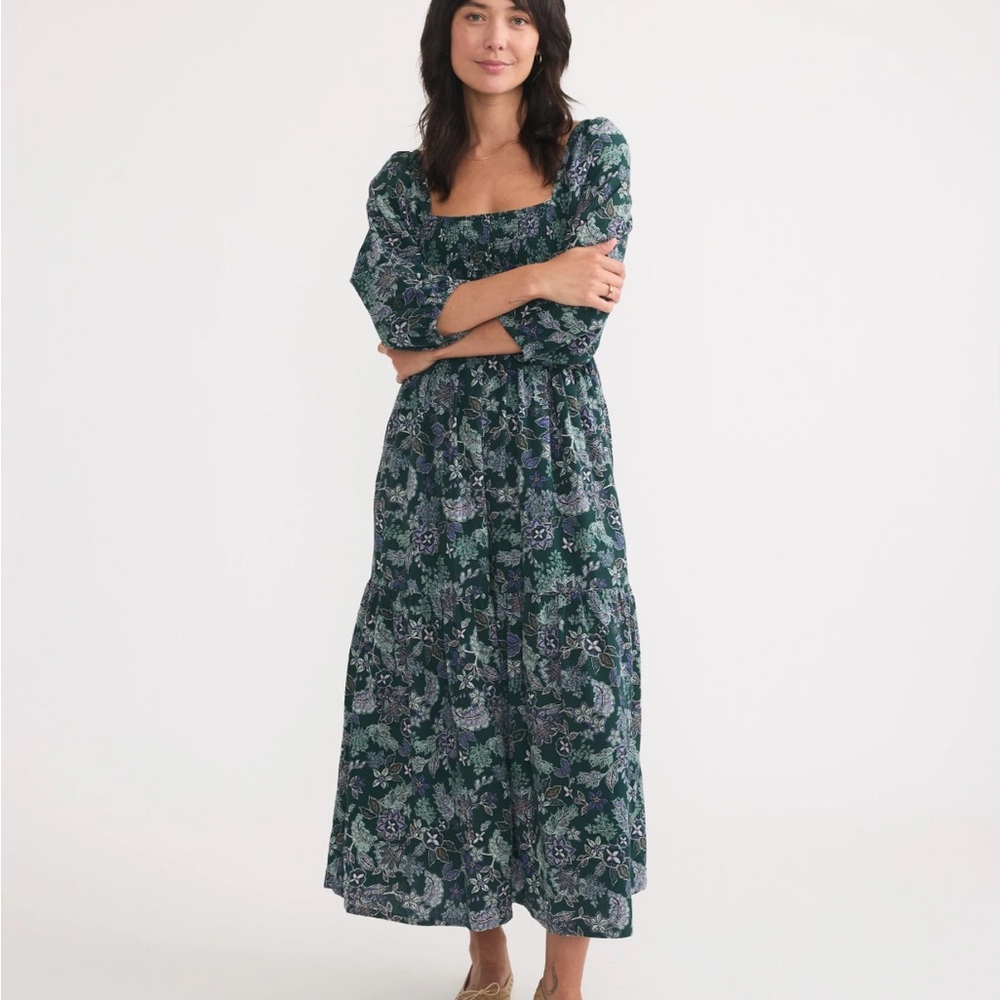 MARINE LAYER IVY SMOCKED DRESS IN FOREST FLORAL - Large - Picture 3 of 17
